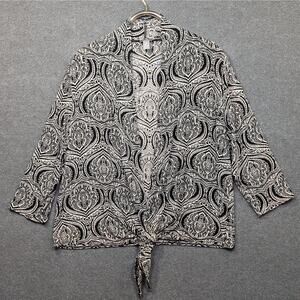 Chicos Travelers 3 Slinky Cardigan Top Womens XL Tie Front Black White Paisley